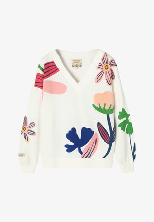 Valge V-kaelusega kampsun suurte värvikate lillemustritega roosas, sinises, rohelises ja punases toonis ees ja varrukatel.