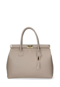 Beżowa skórzana torebka o strukturalnym designie, z górnymi uchwytami, złotymi akcentami i detalem zamka. Gładka faktura z delikatnym ziarnem.