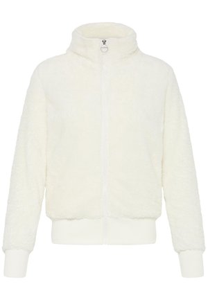 Biely plyšový zipsový kabát s vysokým golierom, rebrovanými manžetami a mäkkou, texturovanou látkou. Obsahuje predný zips na zapínanie.