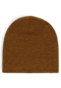 Gorro de lana marrón tejido con un patrón de zigzag, textura suave y forma de corona redondeada, adecuado para un estilo informal.