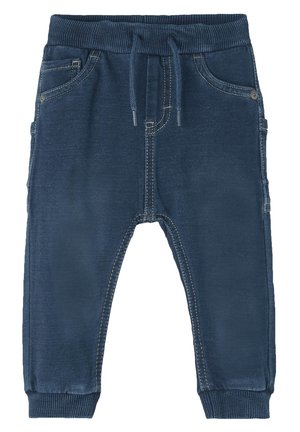 Mørkeblå joggingbukser til småbørn med elastisk talje, snøre, for- og sidelommer samt ribstrikkede manchetter.