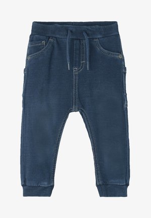 Dunkelblaue Jogginghose für Kleinkinder mit elastischem Bund, Kordelzug, vorne und seitlichen Taschen sowie gerippten Bündchen.