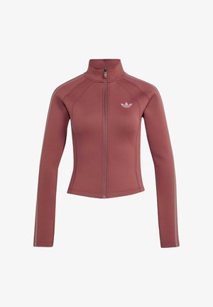 Veste ajustée mauve zippée intégralement, manches longues, col montant, détails rayés sur les bras et petit logo Adidas sur la poitrine gauche.