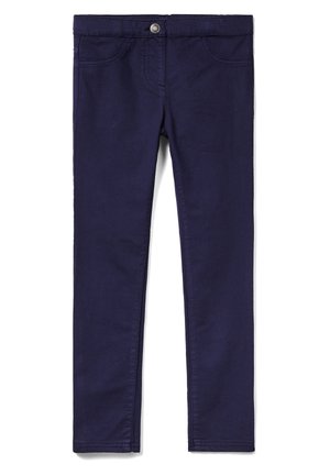Marineblauwe slim-fit broek met voorzakken, knoopsluiting en riemlussen, plat tegen een witte achtergrond weergegeven.