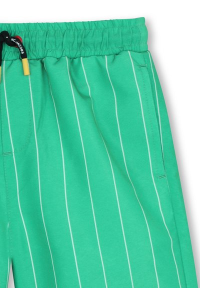 Groene korte broek met witte verticale strepen, elastische tailleband en zwart trekkoord met gele uiteinden en tekst op het koord.