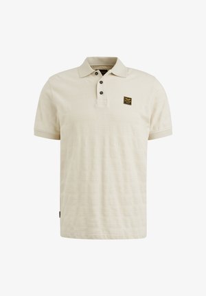Beige polo shirt made from textured fabric. Features a two-button placket and a small logo patch on the chest. Short sleeves.