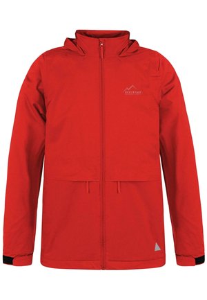 Rote Outdoor-Jacke mit Kapuze, Frontreißverschluss, verstellbaren Bündchen, kleinem Logo auf der linken Brust und reflektierendem Dreieck nahe dem Saum.