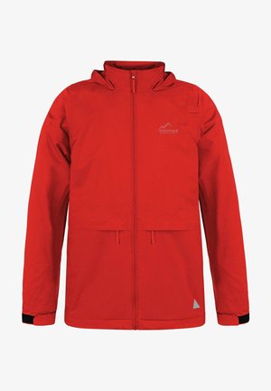 Veste d'extérieur rouge à capuche avec fermeture éclair frontale, poignets réglables, petit logo sur le côté gauche de la poitrine et triangle réfléchissant près de l'ourlet.