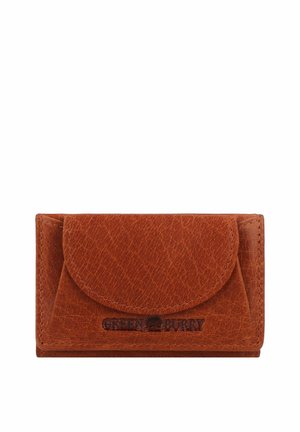 Brown leather wallet with a rounded flap, embossed logo, and visible stitching. Compact rectangular design with a textured finish.