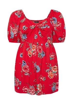 Punainen lyhyt mekko, jossa on pussihihat, sydämenmuotoinen pääntie ja monivärinen kukkakuosi sinisen, oranssin ja valkoisen sävyissä.