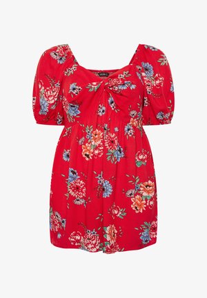 Rød kort kjole med pufærmer, hjerteformet udskæring og flerfarvet blomstertryk i blå, orange og hvid.