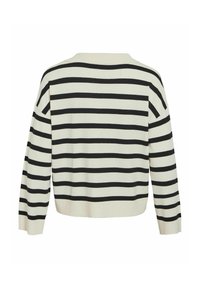 Maglione a righe con base crema e strisce orizzontali nere, maniche lunghe e una vestibilità comoda. Tessuto a maglia con scollo e polsini a coste.