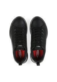 Black synthetic sneakers with textured surface, round toe, lace closure, red interior lining, and pull tab on the heel.