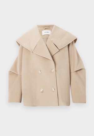 Cappotto di lana beige doppiopetto con ampio colletto e quattro bottoni coordinati, esposto piatto su uno sfondo bianco.