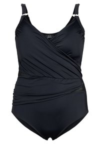 Zwarte monokini met een wikkelontwerp, verstelbare bandjes en geplooide textuur bij de taille, gemaakt van een gladde, rekbare stof.