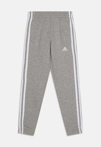 Szare dresy wykonane z bawełny, z białymi paskami po bokach i elastycznym pasem. Zawierają logo Adidas w białym kolorze.