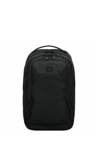 Zaino nero con svariati scomparti con zip e una maniglia di trasporto in cima, mostrato su uno sfondo bianco.