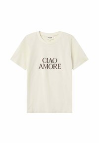 T-shirt en coton couleur crème à manches courtes, avec un texte imprimé en marron foncé "CIAO AMORE" centré sur le devant.