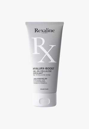 Graue Tubenverpackung mit der Aufschrift "Rexaline Labs Hyalurx-Boost" in weißem Text. Enthält ein Gel-zu-Cellulose-Peeling mit aufgelisteten wichtigen Inhaltsstoffen.