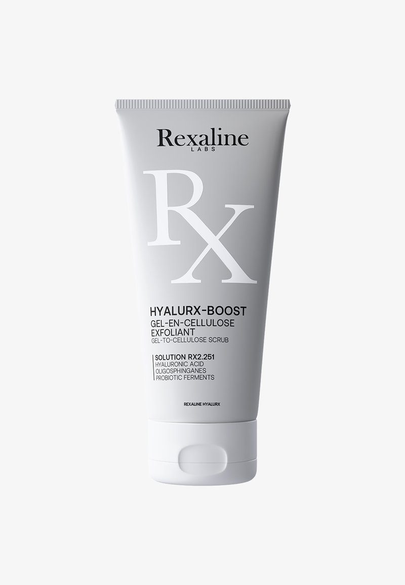 Graue Tubenverpackung mit der Aufschrift "Rexaline Labs Hyalurx-Boost" in weißem Text. Enthält ein Gel-zu-Cellulose-Peeling mit aufgelisteten wichtigen Inhaltsstoffen.