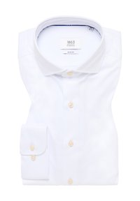 Weißes Slim-Fit-Hemd mit Spread-Kragen, Knopfleiste und langen Ärmeln. Verfügt über cremefarbene Knöpfe und eine glatte Textur.