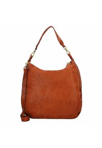 Leren schoudertas in geroosterd oranje met een gebogen vorm, hardware in goudtone en een decoratieve ritsaccent. Verstelbare schouderband inbegrepen.