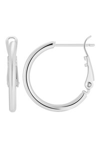 Orecchini a cerchio in argento con un design elegante e arrotondato e una finitura lucida. Presentano una chiusura a cerniera e una superficie liscia.