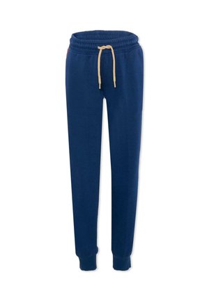 Pantaloni jogger blu navy con vita elastica, cordino beige e caviglie con risvolto, mostrati su sfondo bianco.