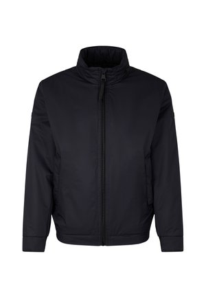 Navyblauer Reißverschlussjacke mit hohem Kragen, aus einem strukturierten Stoff, zwei seitlichen Taschen und elastischen Manschetten für eine taillierte Passform.