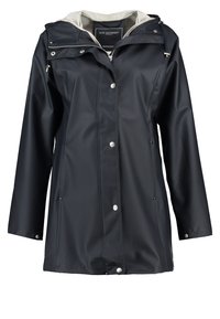 Black waterproof raincoat with a hood, snap buttons, and two side pockets, featuring a smooth texture and a contrasting light inner lining.