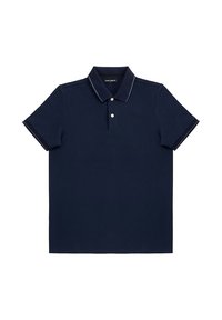 Granatowa koszulka polo wykonana z bawełny, z klasycznym kołnierzykiem, zapięciem na dwa guziki i kontrastowym wykończeniem rękawów.