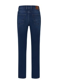 Dark blue straight-leg jeans shown from the back with two rear pockets and a brown leather patch on the waistband.