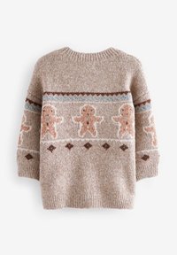Kudottu neulepaita vaaleanbeige sävyssä, jossa on piparkakkumiehen kuvio. Paidassa on ruskeita ja sinisiä raitoja sekä ribbireunat. Pehmeä rakenne, pyöreä pääntie.