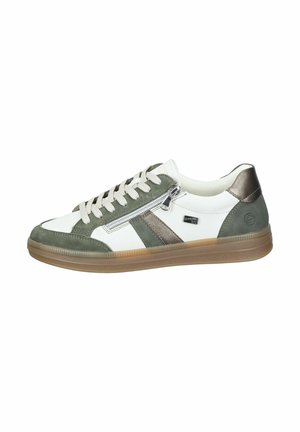 Lace-up sneaker with a white leather upper, green suede accents, brown metallic details, and a side zipper. Textured rubber sole.