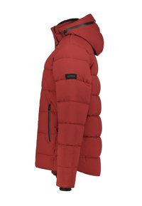 Rote gesteppte Winterjacke mit Kapuze, seitlichem Reißverschlussfach und schwarzem Logo-Patch am Oberarm, seitlich gezeigt.
