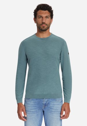 Man with dark curly hair and beard wearing a long-sleeve teal sweater and light blue denim jeans, standing against a plain background.
