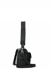 Borsa a tracolla in pelle nera con finitura texture, tracolla regolabile, dettagli in argento e tasca frontale per una maggiore funzionalità.