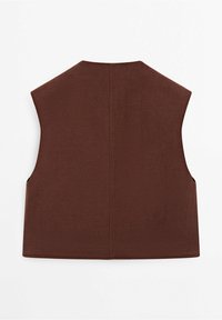 Veste sans manches marron avec un col montant, un design simple et un ourlet droit, vue de dos sur fond blanc.