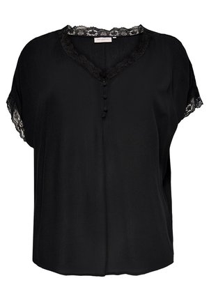 Czarna bluzka wykonana z lekkiego materiału z dekoltem wykończonym koronką i krótkimi rękawami. Z przodu zapinana na guziki.