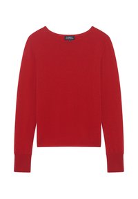 Czerwona longsleeve sweter z okrągłym dekoltem, wykonany z miękkiego, gładkiego materiału. Posiada dopasowane mankiety i prosty dół.