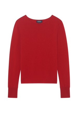 Maglione rosso a maniche lunghe con scollatura rotonda, realizzato in un tessuto morbido e liscio. Presenta polsini aderenti e un orlo dritto.