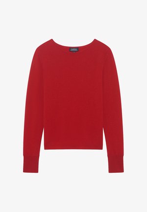 Rode trui met lange mouwen en een ronde hals, gemaakt van een zachte, gladde stof. Beschikt over aansluitende manchetten en een rechte onderrand.