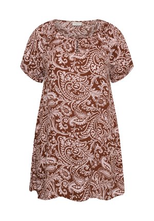 Vestido túnica marrón de manga corta con delicado patrón floral de cachemira en rosa pálido y escote redondo con pequeño detalle de abertura frontal.