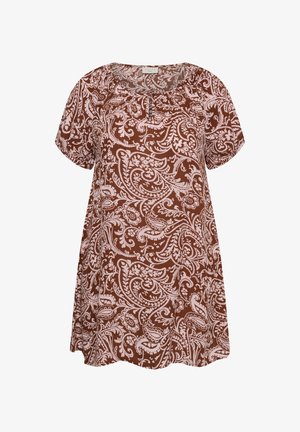 Braunes kurzärmliges Tunika-Kleid mit zartem rosa, filigranem Blumen-Paisley-Muster und rundem Ausschnitt mit kleinem Schlüsselöffnungsdetail vorne.