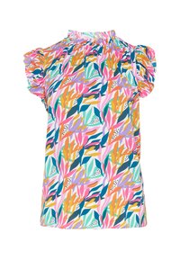 Farbenfrohe Kurzarmbluse mit floralen Mustern in Pink, Orange, Grün und Blau. Strukturierter Stoff mit gerafftem Ausschnitt.