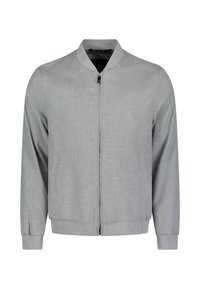 Giubbotto bomber grigio con maniche lunghe. Caratterizzato da una cerniera frontale, colletto a costine e polsini. Realizzato in un tessuto strutturato. Design semplice e moderno.