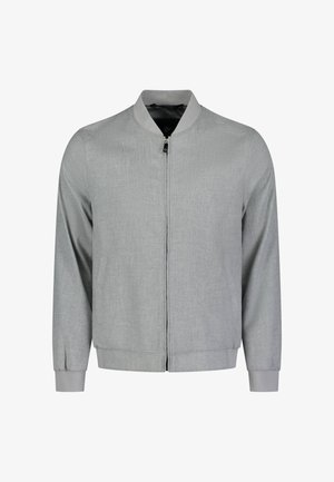 Grijze bomberjack met lange mouwen. Voorzien van een voorrits, ribbelkraag en manchetten. Gemaakt van een gestructureerde stof. Eenvoudig en modern ontwerp.
