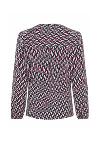 Langärmliges Oberteil mit einem wellenförmigen Muster in Lila, Rosa und Weiß auf dunklem Hintergrund, mit abgerundetem Saum und gerafften Bündchen.