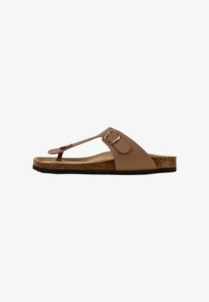 Sandales en liège marron avec un design de type tongs, dotées d'une accent de boucle, de sangles en cuir lisse et d'une semelle en caoutchouc texturée.