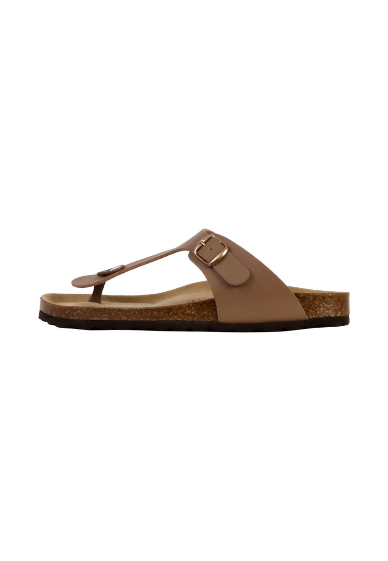 Sandales en liège marron avec un design de type tongs, dotées d'une accent de boucle, de sangles en cuir lisse et d'une semelle en caoutchouc texturée.